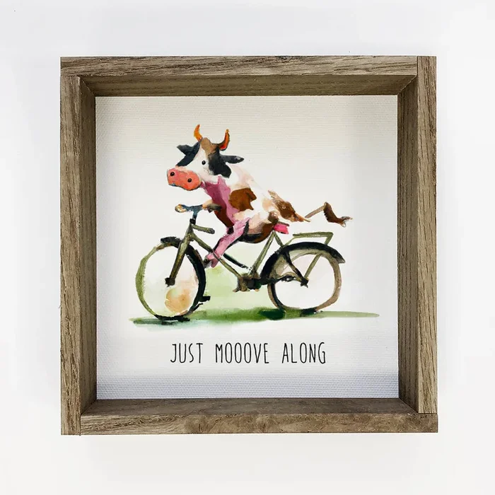 Cow on a Bike – Funny Cow Canvas Art with Aged Wood Frame