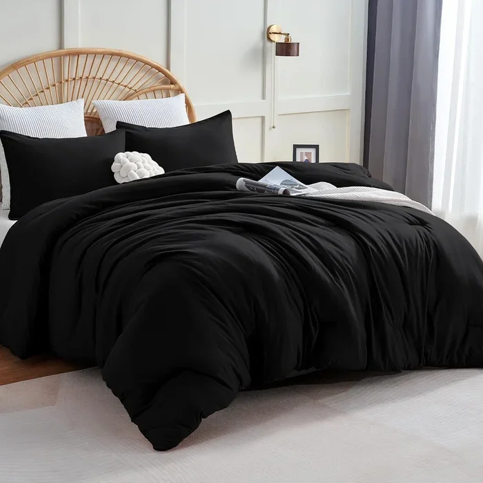 CozyLux Black Comforter Set Full Size, 3 Pieces Solid Breathable Quilted Style Bedding Sets, Luxury Fluffy Soft Microfiber Comfo