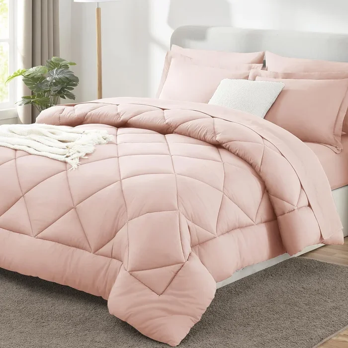 CozyLux Full Comforter Set with Sheets 7 Pieces Bed in a Bag Blush Pink All Season Bedding Sets with Comforter, Pillow Shams, Fl