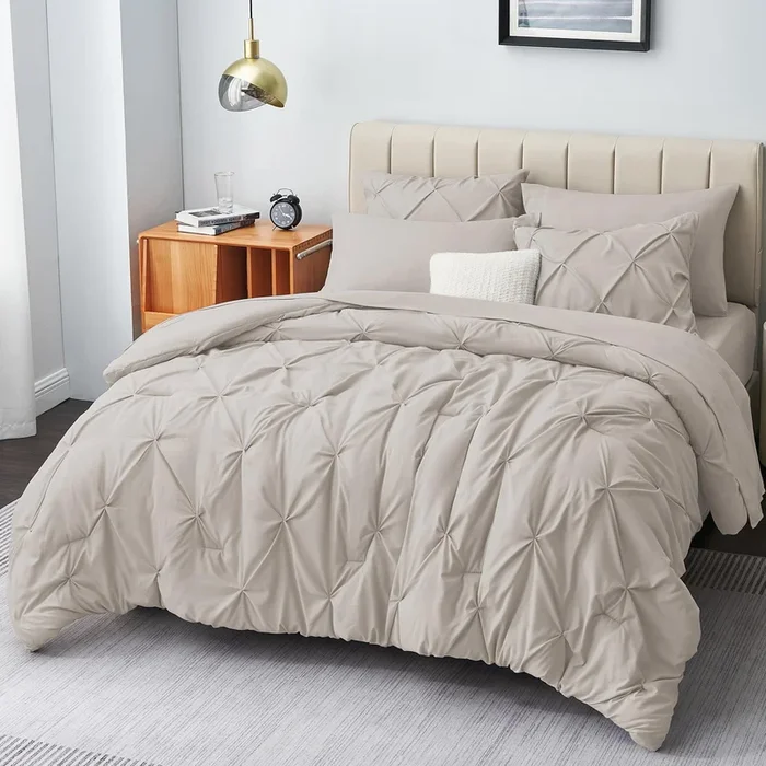 CozyLux Queen Comforter Set – 7 Pieces Comforters Queen Size Beige, Pintuck Bed in A Bag Pinch Pleat Bedding Sets with All Seaso