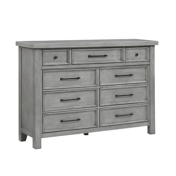 Daisy 62 Inch Dresser, Gray Mango Veneer, 9 Drawers, Bronze Metal – Benzara