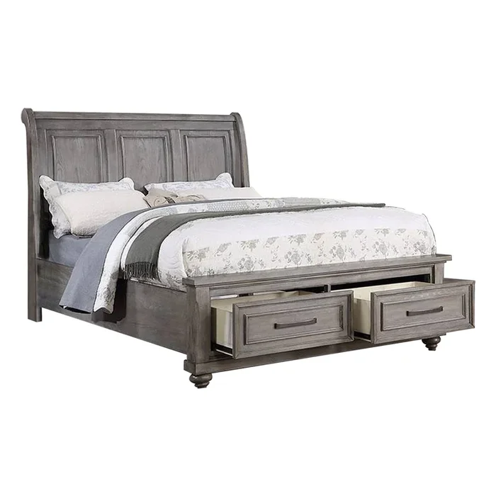 Demi California King Bed, Sleigh Headboard, Storage Drawers, Oak Gray Wood – Benzara