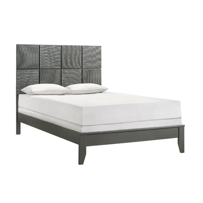 Deny King Size Bed w Patterned Headboard, Tapered Front Legs, Metallic Gray