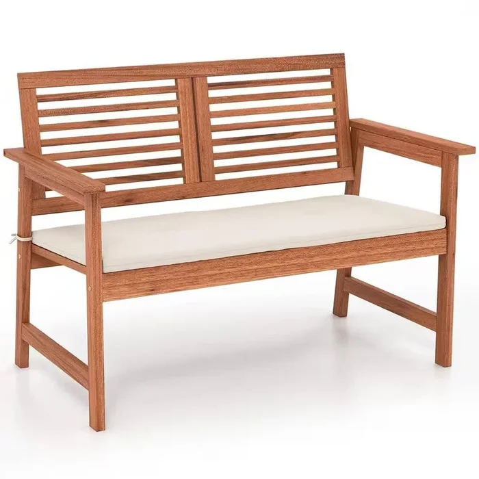 Durable Wooden Patio Bench – Outdoor Garden Seat with Slatted Back and Padded Cushion