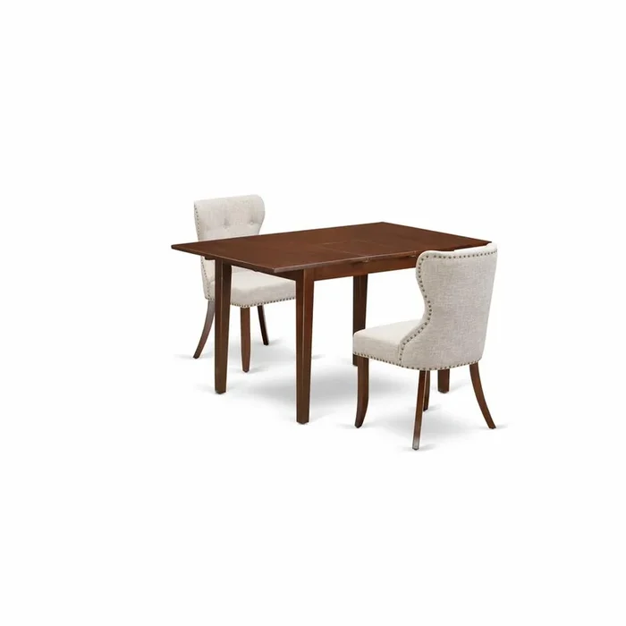 East-West Furniture PSSI3-MAH-35 – A dinette set of 2 fantastic parson chairs using Linen Fabric Doeskin color and an attractive 12″ butterfly leaf rectangle kitchen table in Mahogany Finish