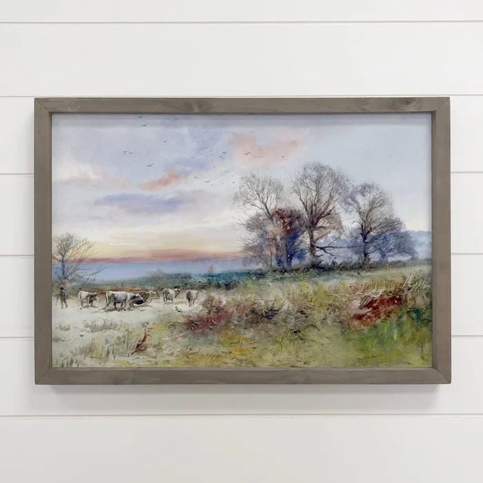 Evening Cattle Drive – Ranch House Canvas Art – Wood Framed