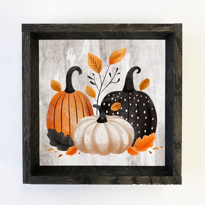 Folk Halloween Pumpkin Trio – Halloween Canvas Art – Framed