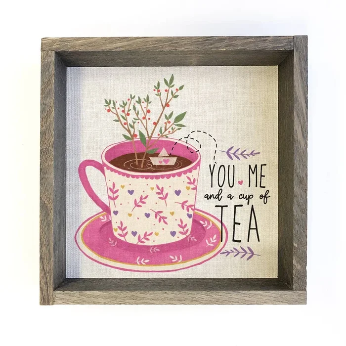 Folksy You Me and a Cup of Tea – Tea Cup Canvas Art – Framed
