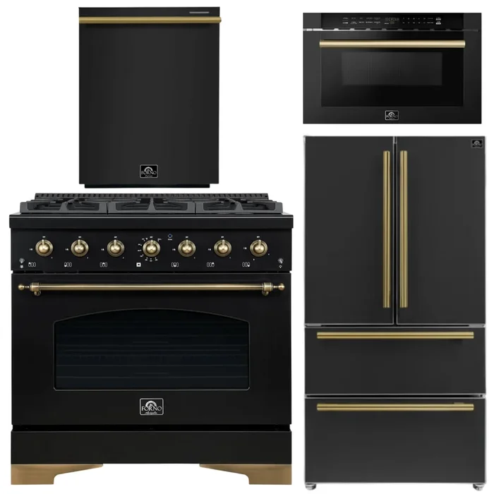 FORNO Antico Package – 36″ Gas Range, 36″ Refrigerator with Ice Maker, Dishwasher and 24″ Microwave Drawer in Black with Antique Brass Accents