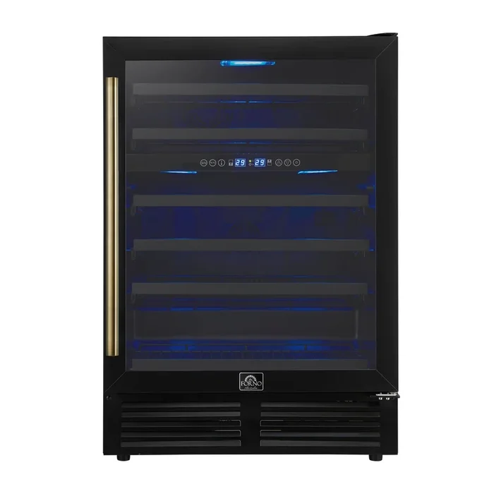 FORNO Bacchino 24″ 51 Bottle 2 Zone Wine Cooler with LED Lighting and Triple Glass Door in Black with Antique Brass Accents, FWCDR6634-24KBLK