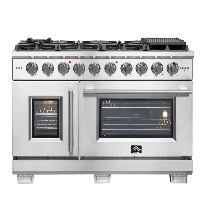 FORNO Capriasca 48″ 6.58 cu. ft. French Door Gas Range with 8 Brass Burners, Air Fryer Kit, Rotisserie Kit, Wok Support & Griddle in Stainless Steel, FFSGS6460-48