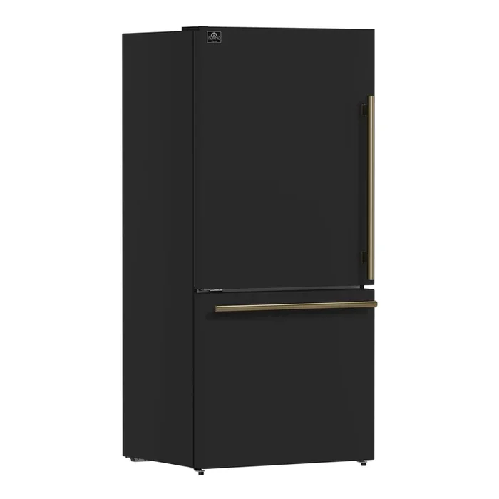 FORNO Espresso Milano 31″ 17.2 cu. ft. Left Swing Refrigerator and Bottom Freezer with Ice Maker in Black and Antique Brass Handles, FFFFD1786-31BLK