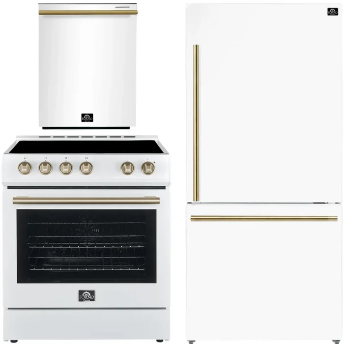 FORNO Espresso Package – 30″ Electric Range, Refrigerator and Dishwasher in White with Antique Brass Handles
