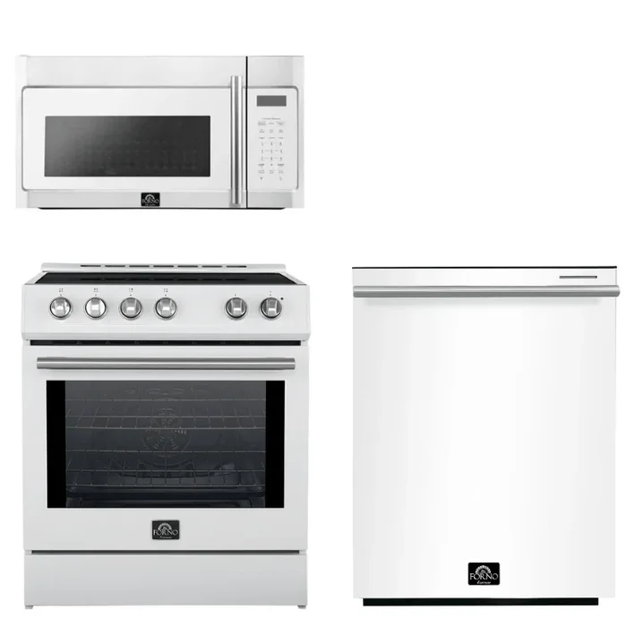 FORNO Espresso Package – 30″ Induction Range, Over-The-Range Microwave and Dishwasher in White with Silver Accents, AP3-0982WHT-S10