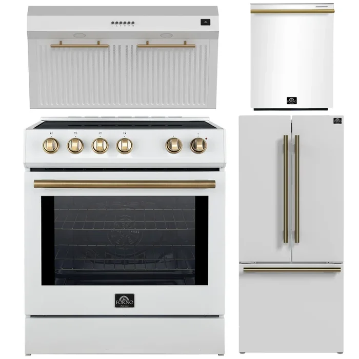 FORNO Espresso Package – 30″ Induction Range, Range Hood, 30″ Refrigerator with Ice Maker and Dishwasher in White with Antique Brass Accents