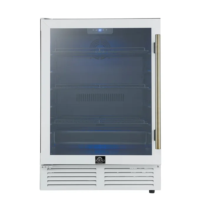 FORNO Frescolino 24″ 188 Can Beverage Cooler with LED Lighting and Triple Glass Door in White with Antique Brass Accents, FWCDR6665-24WHT