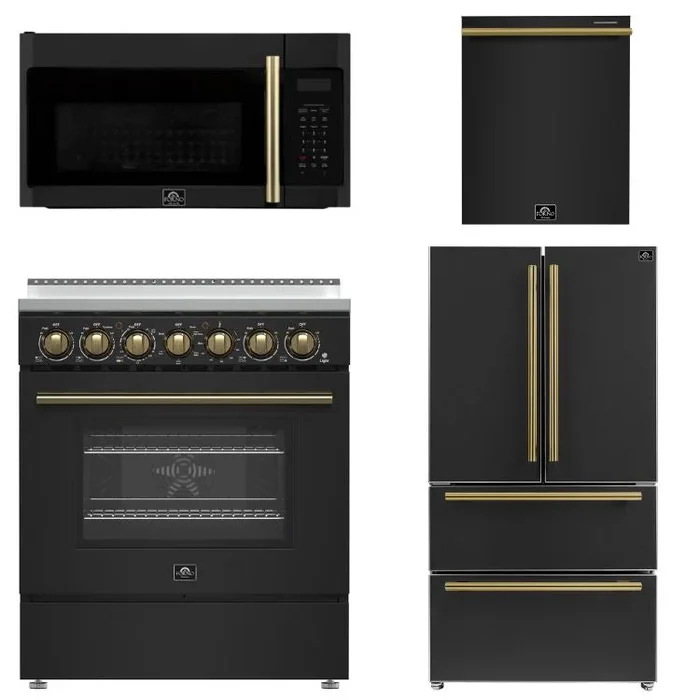 FORNO Paolo Package – 30″ Electric Range, Over-The-Range Microwave, 36″ Refrigerator with Ice Maker and Dishwasher in Black with Antique Brass Accents, AP4-6011BLK-A12