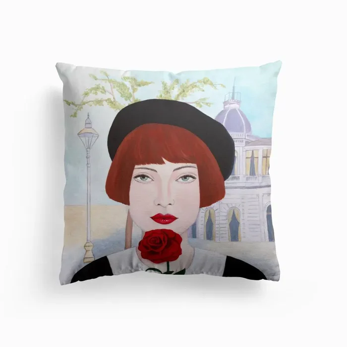 French Woman And Rose Cushion by Sally B