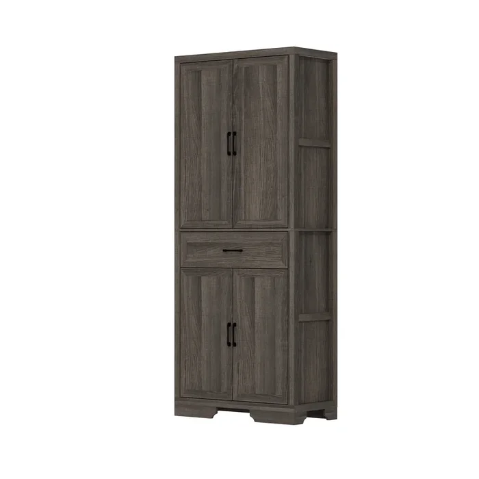 FUFU&GAGA Modern Light Wood Bookcase – 4 Doors & 1 Drawer, Sturdy P2-Grade MDF Storage Cabinet (31.5″ W x 15.7″ D x 78.7″ H), Light Wood