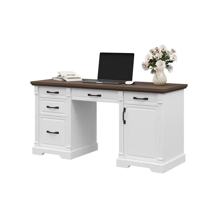 FUFU&GAGA Modern Office Desk with Five Drawers & Cabinet, White Frame & Deep Brown Wood Grain Top, Black Metal Handles, (59″W x 19.6″D x 29.9″H), White