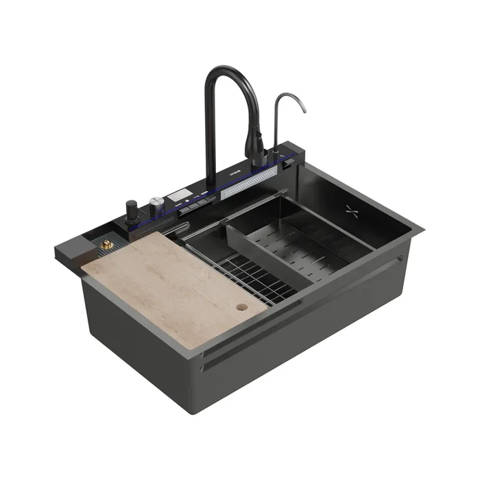 FUFU&GAGA PVD 304 Stainless Steel Bathroom Sink with Cutting Board, Drain Rack, and Smart Faucet,(33.1″ W x 22″ D x 9.8″ H),Black