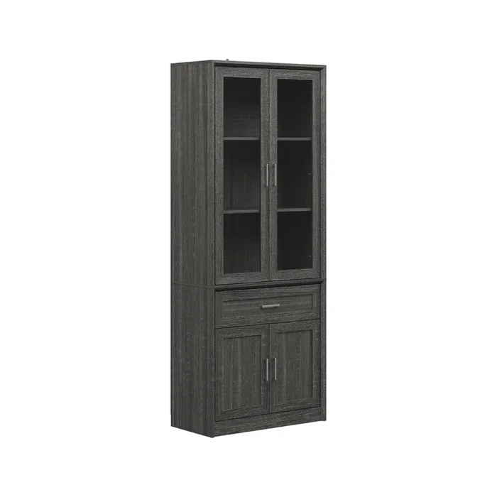 FUFU&GAGA Retro Black-Brown Woodgrain Storage Cabinet with Glass Doors & Drawer, Angled Frame Design, Brushed Metal Hardware, 4 Doors + 1 Drawer (80cm W x 40cm D x 203cm H)