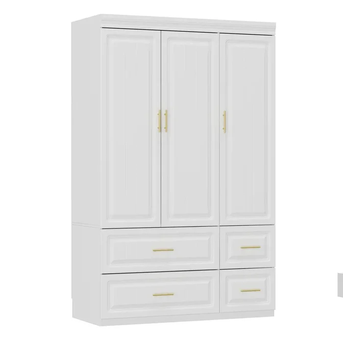 FUFU&GAGA White Storage Cabinet with Gold Handles, P2 Grade PB Wardrobe with Hanging Rod & 4 Drawers, Modern Space-Saving Organizer (47.2 x 20.6 x 74.2 in)