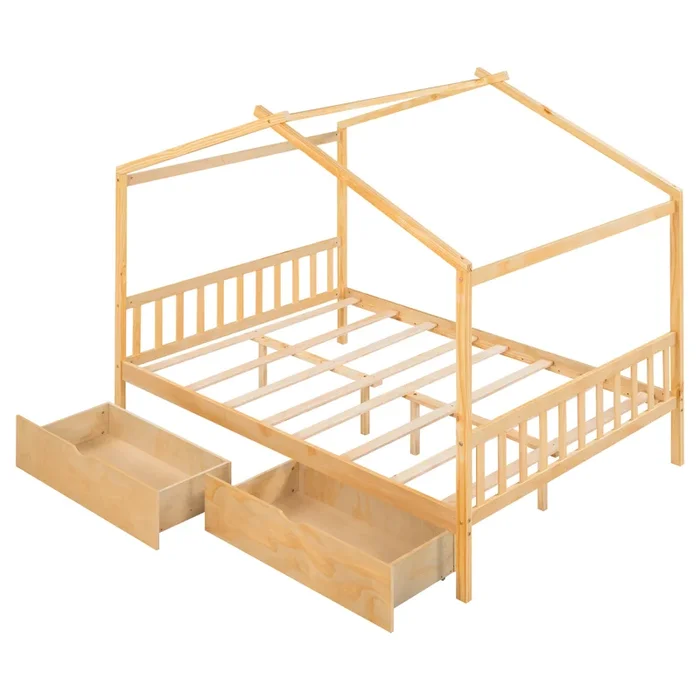 Full Size House Platform Bed with Two Drawers, Headboard and Footboard, Roof Design