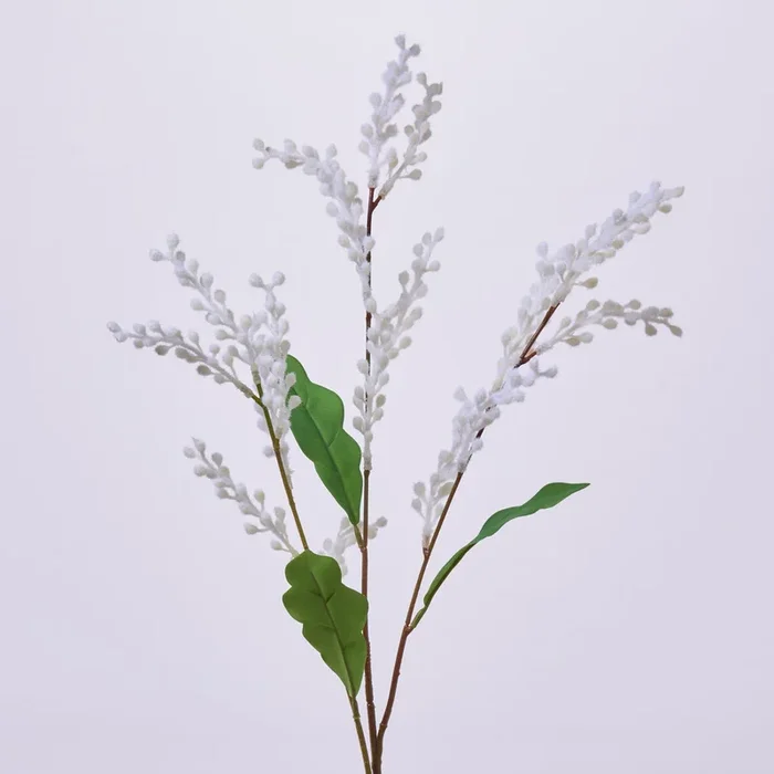 Fuzzy White Flocked Mimosa Branch Spray – 31″