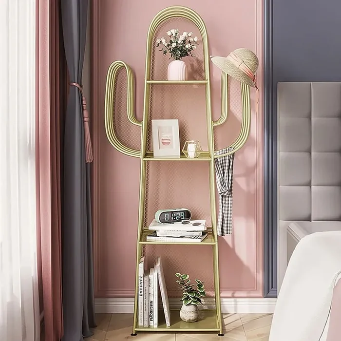 Gold Nightstand Shelf Metal Cactus Shape Bedside Shelves Modern Wall Decor Bedroom