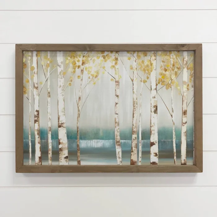 Golden Leaf Birch Trees – Framed Nature Wall Decor – Cabin