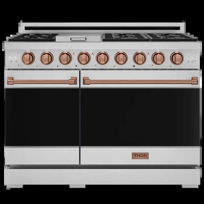 Gordon Ramsay by THOR Kitchen 48″ 6.8 cu. ft. Professional Natural Gas Range in Stainless Steel with Rose Gold Accents, RSG48E-RSG