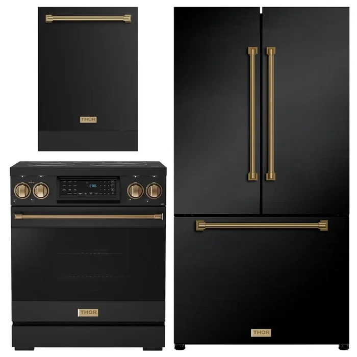 Gordon Ramsay by THOR Kitchen Package – 30″ Electric Range, 36″ Refrigerator with Ice Maker and Dishwasher in Black Matte with Bronze Accents, AP-RSE30B-BRZ-2