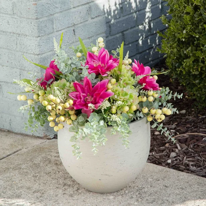 Green Hydrangea & Fuchsia Dahlia Spring Summer Outdoor Faux Floral Urn Filler Arrangement