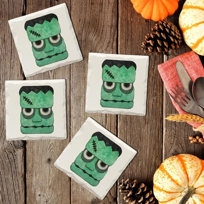 Halloween Watercolor Frankenstein | Drink Coaster Set