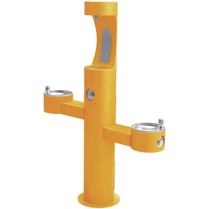Halsey Taylor Endura II Outdoor HydroBoost Upper Bottle Filling Station, Tri-Level Pedestal Non-Filtered Non-Refrigerated, Yellow 4430BF1UYLW