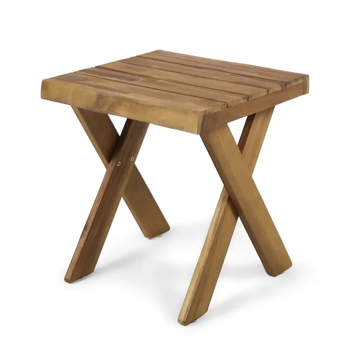 Harley Outdoor Side Table, X Legs, Square 18 Inch Brown Acacia Wood – Benzara