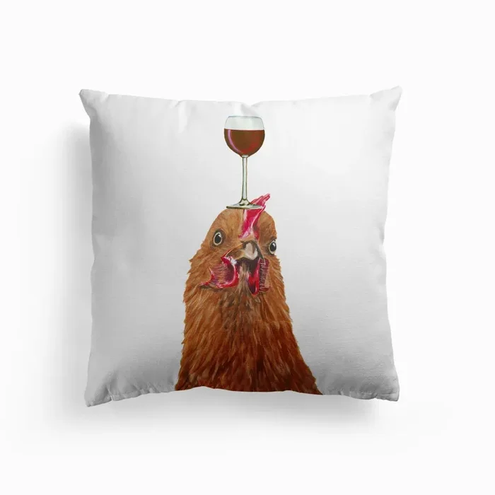 Hen With Wineglass Cushion by Coco Deparis
