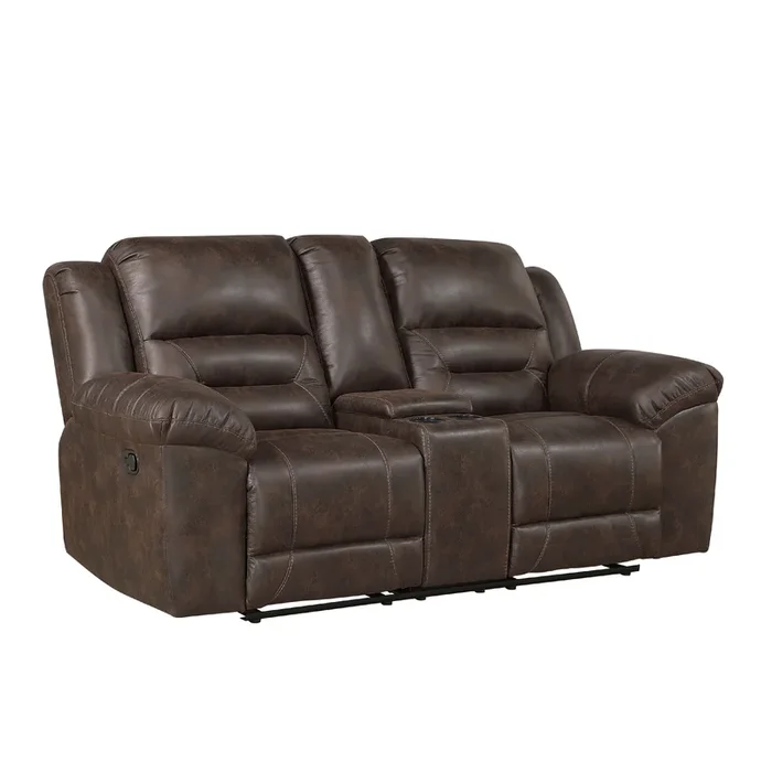 Henry Manual Double Reclining Loveseat, Console, Dark Brown Microfiber – Benzara