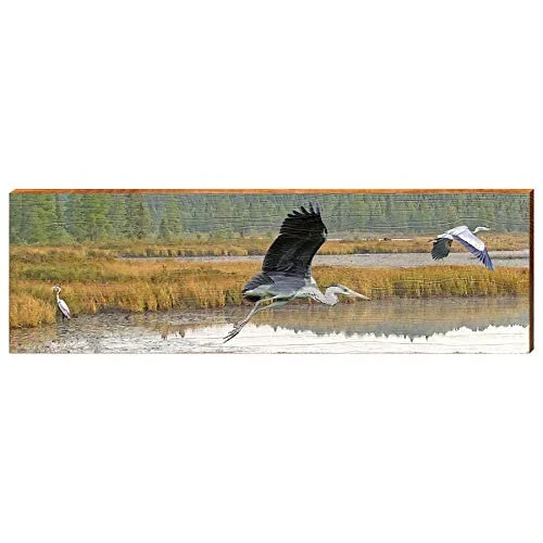 Heron’s Flying in Marsh Home Decor Art Print on Real Wood
