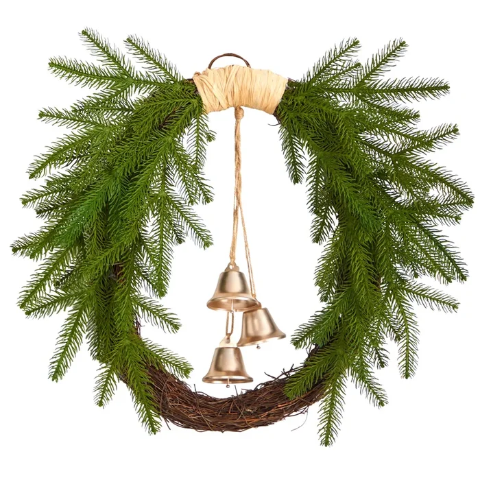 Hivvago 24″ Holiday Christmas Pine and Hanging Bells Wreath