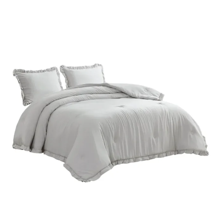 Hivvago Full Size Grey Stone Washed Ruffled Edge Microfiber Comforter Set