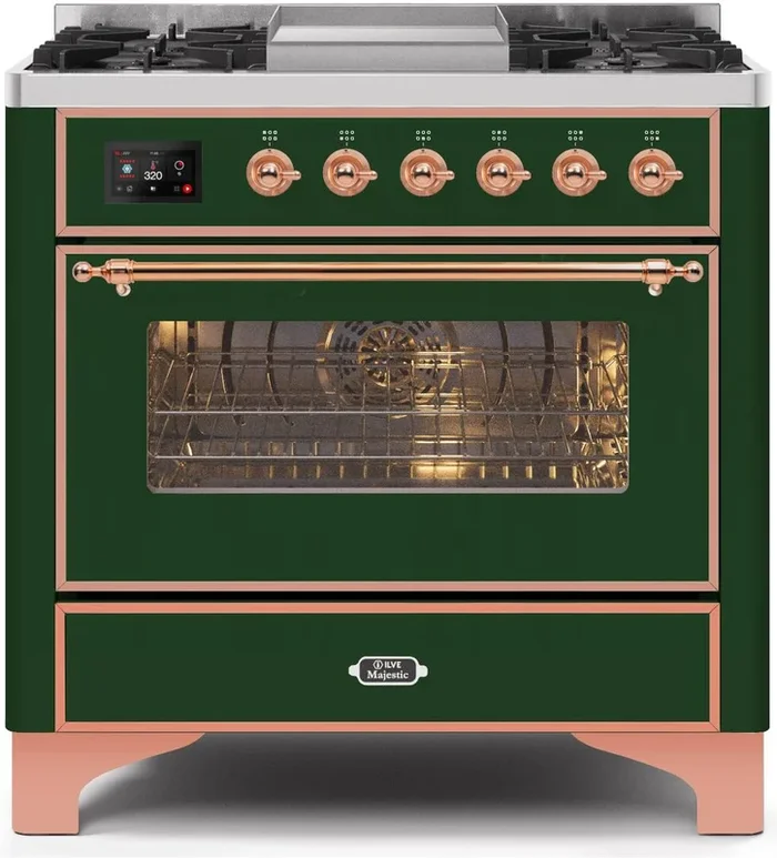 ILVE Majestic II 36″ Dual Fuel Natural Gas Range in Emerald Green with Copper Trim, UM09FDNS3EGP