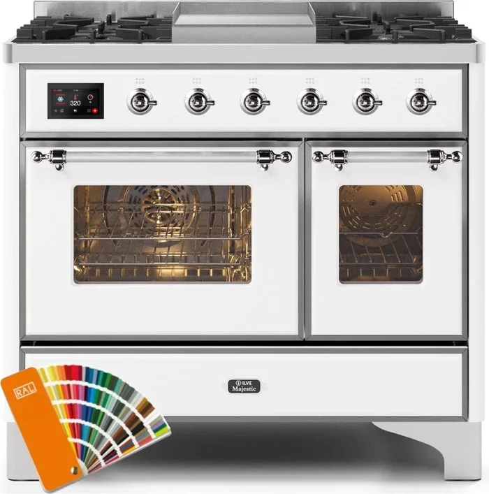 ILVE Majestic II 40″ Dual Fuel Natural Gas Range in RAL Custom Color with Chrome Trim, UMD10FDNS3RAC
