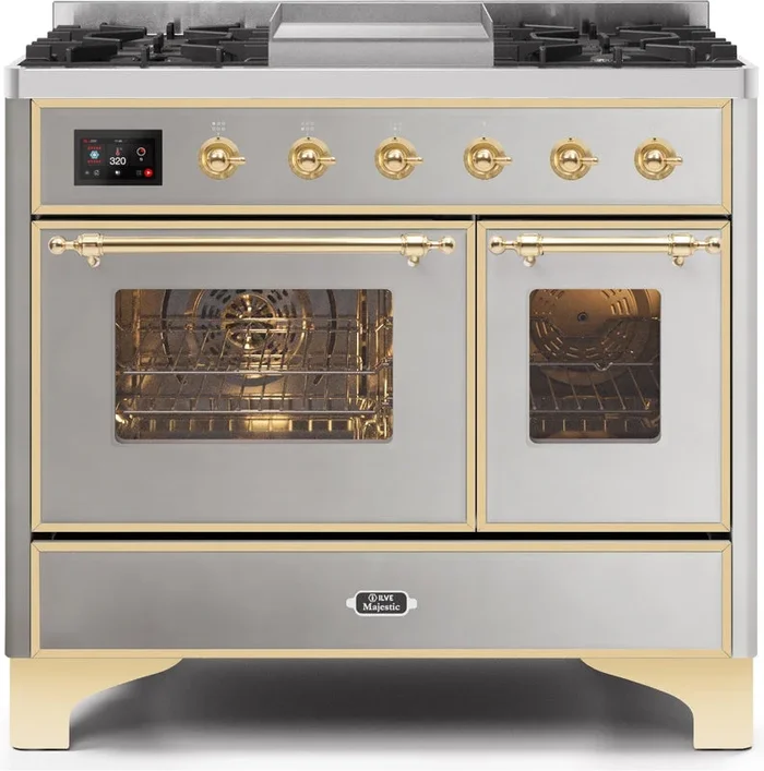 ILVE Majestic II 40″ Dual Fuel Natural Gas Range in Stainless Steel with Brass Trim, UMD10FDNS3SSG