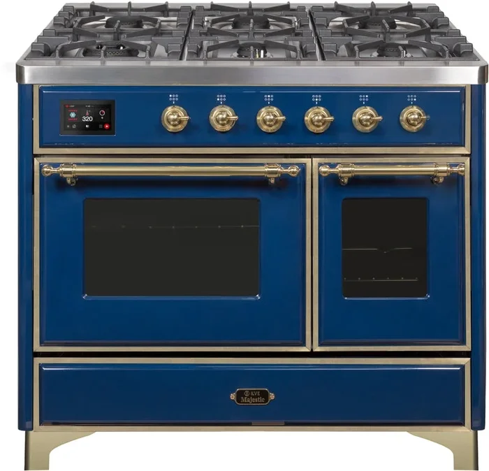 ILVE Majestic II 40″ Dual Fuel Propane Gas Range in Blue with Brass Trim, UMD10FDNS3MBGLP