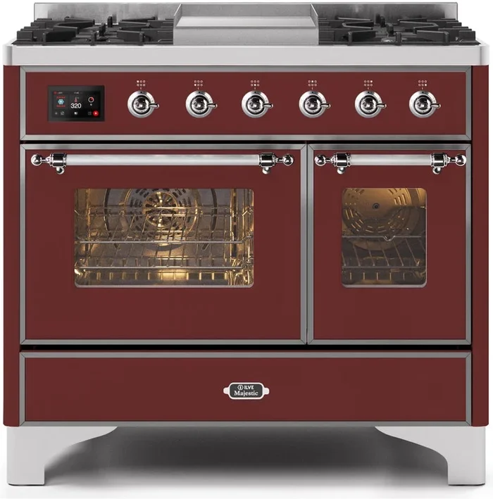 ILVE Majestic II 40″ Dual Fuel Propane Gas Range in Burgundy with Chrome Trim, UMD10FDNS3BUCLP