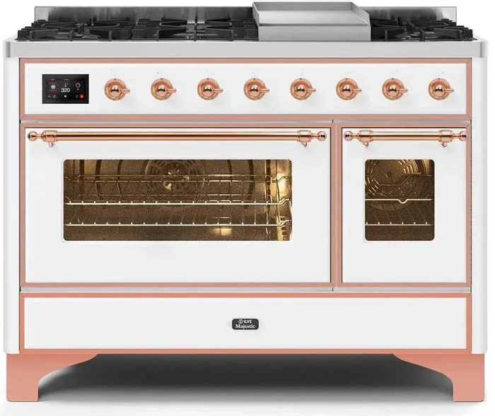 ILVE Majestic II 48″ Dual Fuel Natural Gas Range in White with Copper Trim, UM12FDNS3WHP