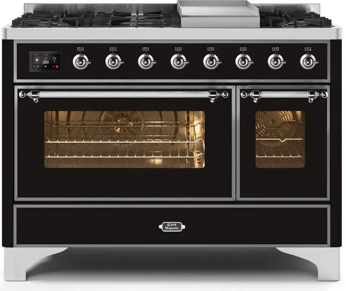 ILVE Majestic II 48″ Dual Fuel Propane Gas Range in Glossy Black with Chrome Trim, UM12FDNS3BKCLP