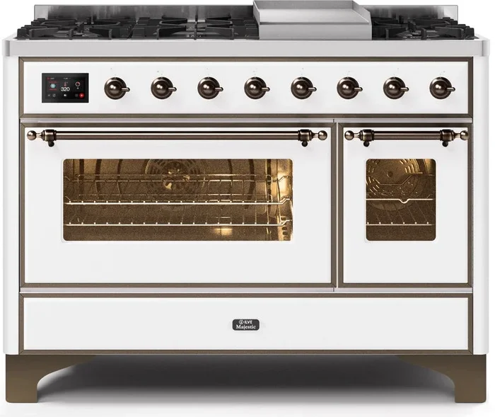 ILVE Majestic II 48″ Dual Fuel Propane Gas Range in White with Bronze Trim, UM12FDNS3WHBLP